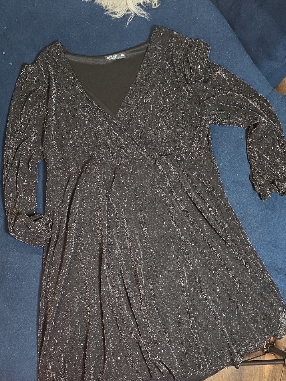 SHEIN Sparkle Wrap-Front Black Long Sleeve Dress